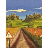 David Pembrooke, relief composition on board, landscape with far away road and road signs, titled to