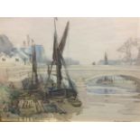 Andrew Gamley, watercolour, riverside view under bridge with figure in sail barge, signed and titled