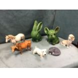 A Beswick style horse & ox, both signed; a Bourne Denby green glazed dog & rabbit; a Beswick