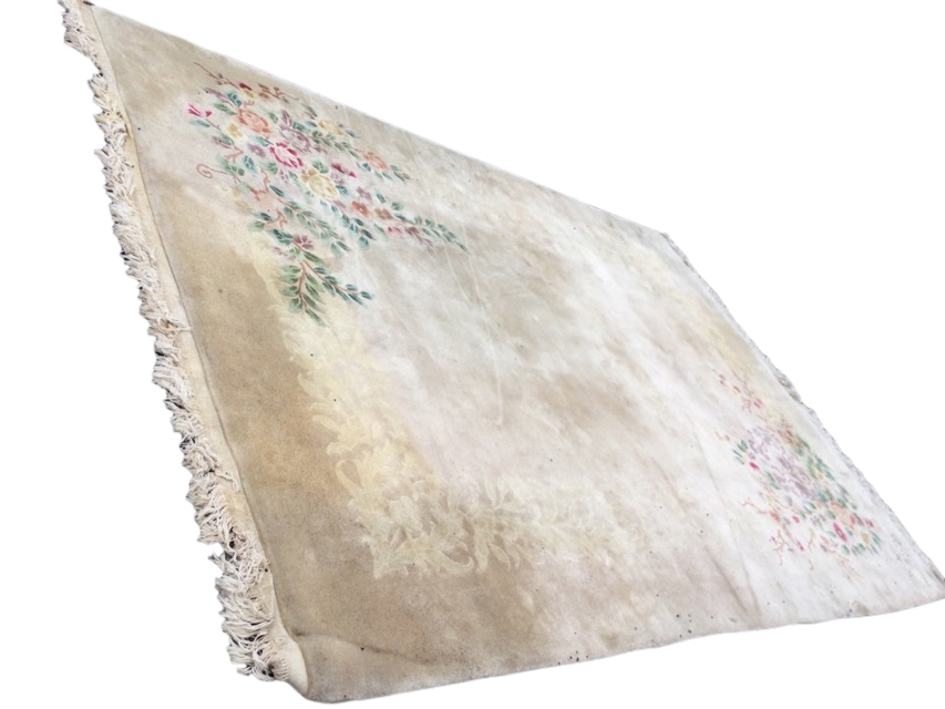 A Chinese thick pile wool carpet woven with embossed ivory floral frieze on mushroom ground, with