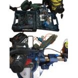 Ten electrical power tools - drill, planer and sander by Bosch, a Karcher pressure washer, two bench