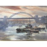 Ronald Moore, watercolour, Tyneside sunset view with bridges and boats on river, signed, mounted &