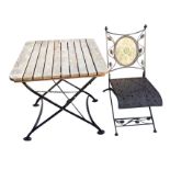 A square slatted top garden table on folding metal supports; single chair with floral panel to