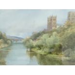 Ralph Johnson, watercolour, river landscape of Durham, mounted and framed. (17.25.in x 11in)