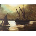 K Giffney, oil on board, moonlit river scene with sailing boats, signed & gilt framed. (19.5in x