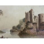 T Stuart(?), Victorian watercolour, castle and ruin with fisherman in foreground on opposite bank