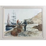 Peter Knox, watercolour, titled The Quay, with fisherman on Berwick? quayside and boats tied up at