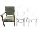 Two painted bentwood childs chairs; and an upholstered dwarf chair with shaped tapering arms on