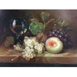 Susan Park, oil on board, still life with fruit & glass on ledge, signed and framed. (11.25in x