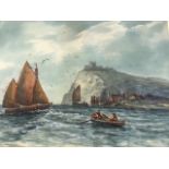 Robert Anderson, watercolour, boats outside harbour with ancient stone building above white