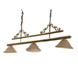 A hanging brass light fitting hung from chains, with two bars having decorative scrolled mounts