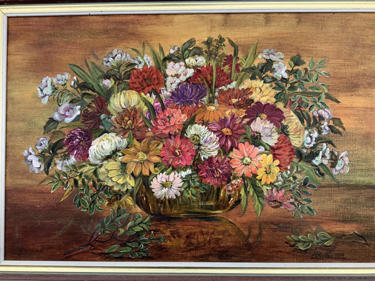 Jennifer J Pugsley, oil on canvas, still life with bright flowers in vase, signed and framed. (