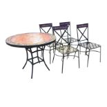 A circular tiled topped garden table with four matching chairs, having lattice seats raised on