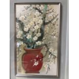 Modern Chinese school, mixed media on card, still life with flowers in vase, signed with chop and