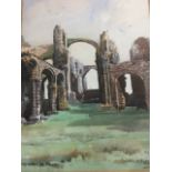 W Fergie, watercolour, Lindisfarne Priory, signed, mounted & framed. (10.5in x 14.5in)
