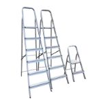 Three pairs of aluminium stepladders with ribbed steps beneath work platforms - two with five treads
