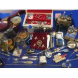 Miscellaneous items including jewellery boxes, two pairs of boxed Danish EP salt & pepperpots, dice,