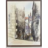 Peter Knox, watercolour, titled Berwick, view of cobbled street and steps between buildings, with