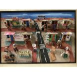 Jackson Nkumanda, mixed media/3D collage, South African township scene with figures in street,