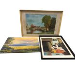 Three oil paintings - copy of an old master - framed, cornfield under sun - unframed, and canal side