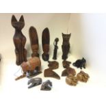 Miscellaneous carved wood figures and animals - tribal, cats, wallplaque, soapstone, a pair of