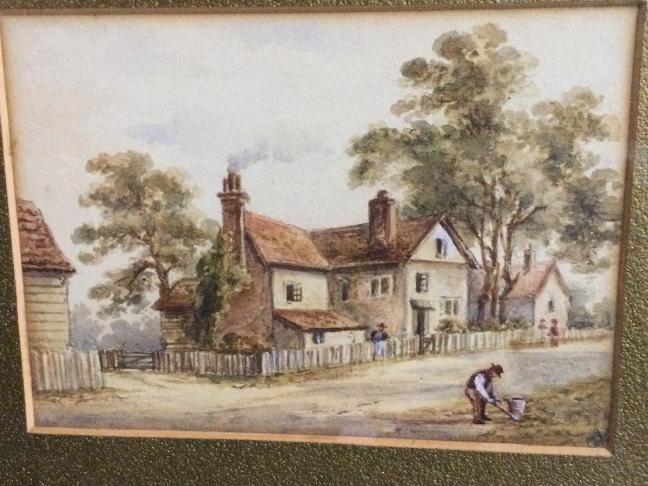 Victorian watercolour, village street scene with figures, signed with pencil monogram, label to