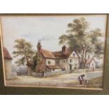 Victorian watercolour, village street scene with figures, signed with pencil monogram, label to