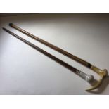 A horn handled hazel walking stick; and another walking cane with faux ivory knop. (2)