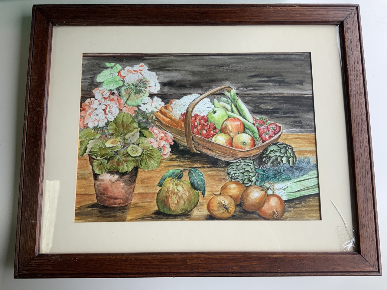 Jennifer J Pugsley, watercolour, still life with vegetables and flowerpot, titled The Trug Basket to - Image 3 of 3