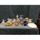 Miscellaneous ceramics including Victorian lustre jugs, a Devon mottoware jug, figurine bookends,