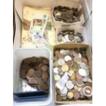 A collection of coins and paper money including boxes of loose copper & silver, some sorted, proof