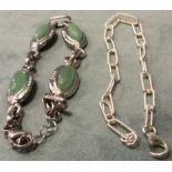 An aventurine station bracelet, the four oval stones in bezel settings joined by links, the clasp