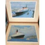 Gordon Bauwens, a pair of lithographic prints of the Queen Mary and the Queen Elizabeth 2 on the