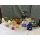 Miscellaneous glass including Loetz style ribbed vases, enamelled, overlaid, rippled vaseline, a