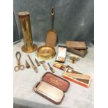 Miscellaneous items including brass trench art pieces, razors, a copper floral, embossed box of