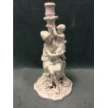 A Meissen blanche-de-chine porcelain candlestick modelled as a mother and child around a column with