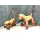 Two plush push-a-long childrens animals on red wheeled frames, a dog and a horse, both with glass
