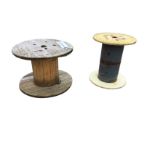 A 32in diameter pine cable drum suitable for a garden table; and another 23.5in diameter base in