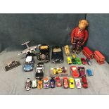 A box of toy cars - Corgi, Motormax, racing cars, matchbox, a de Havilland aeroplane on stand,