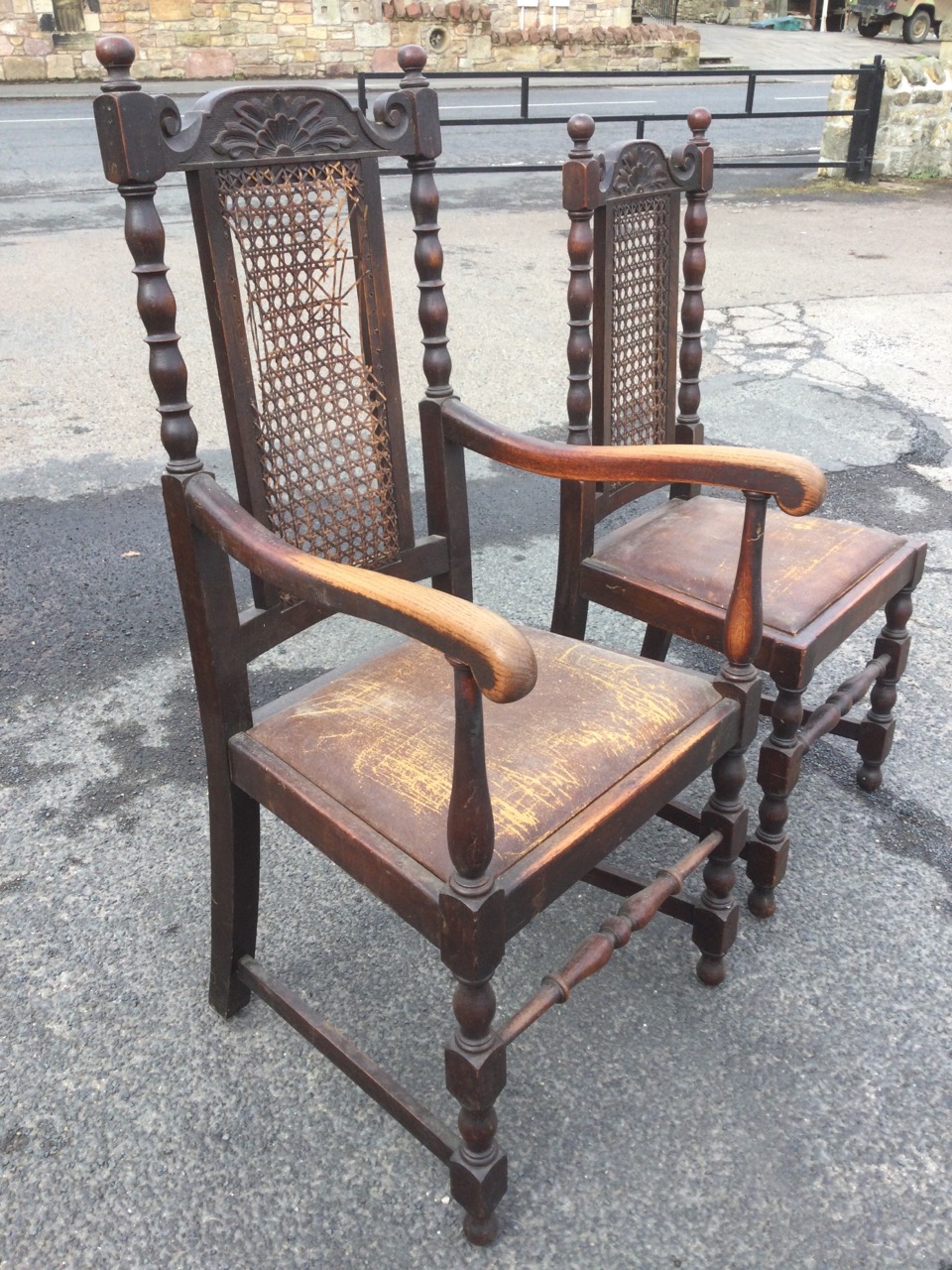 A pair of oak Elizabethan style chairs, a carver and a single, the backs with cane panels framed - Image 3 of 3