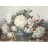 Marion Broom, watercolour, bowl of peonies flowers, framed. (22in x 18.75in)