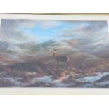 Lithographic coloured print, a stag in winter Scottish landscape, mounted & framed. (28in x 18in)