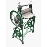 A painted Taywil cast iron mangle with sprung hardwood rollers and crank handle, the working