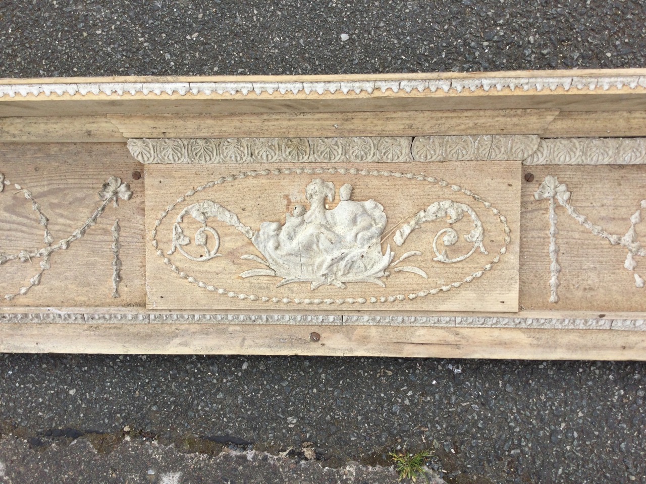 The top of a nineteenth century pine chimneypiece with mantlepiece above frieze with raised - Image 3 of 3