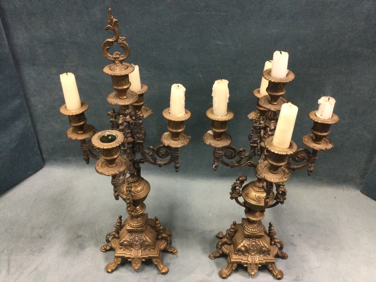A pair of brass candelabra each with four scrolled branches on decorative urn columns with - Image 3 of 3