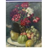 Oil on board, still life with vase of flowers and fruit, gilt framed with fabric slip. (13.75in x