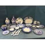 A collection of miscellaneous blue and white ceramics, a willlow pattern teaset and biscuit barrels,