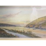 A Miller, watercolour, estuary view with coastal track, signed, laid down and and framed with gilt
