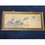 Chinese school, watercolour on silk, two exotic birds on sticks with colourful flowers, titled