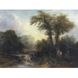 Nineteenth century English school, oil on canvas, river landscape scene with couple on path, in gilt